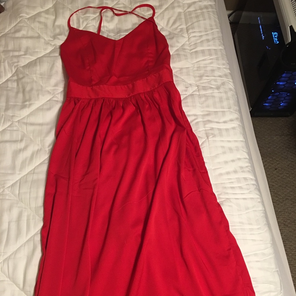 Red maxi dress with criss cross straps